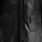 Margot Robbie Wolf Of Wall Street Black Leather Long Coat – close-up and worn views