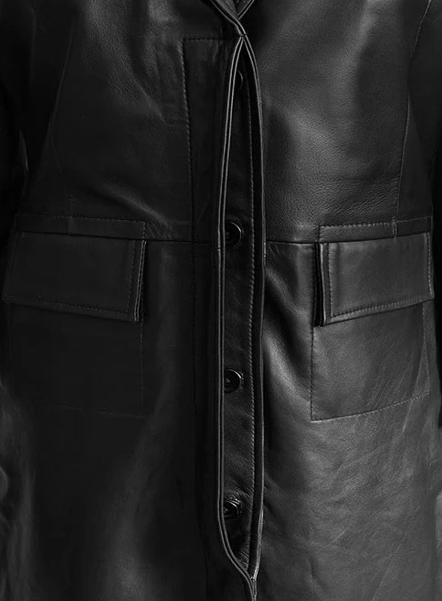 Margot Robbie Wolf Of Wall Street Black Leather Long Coat – close-up and worn views