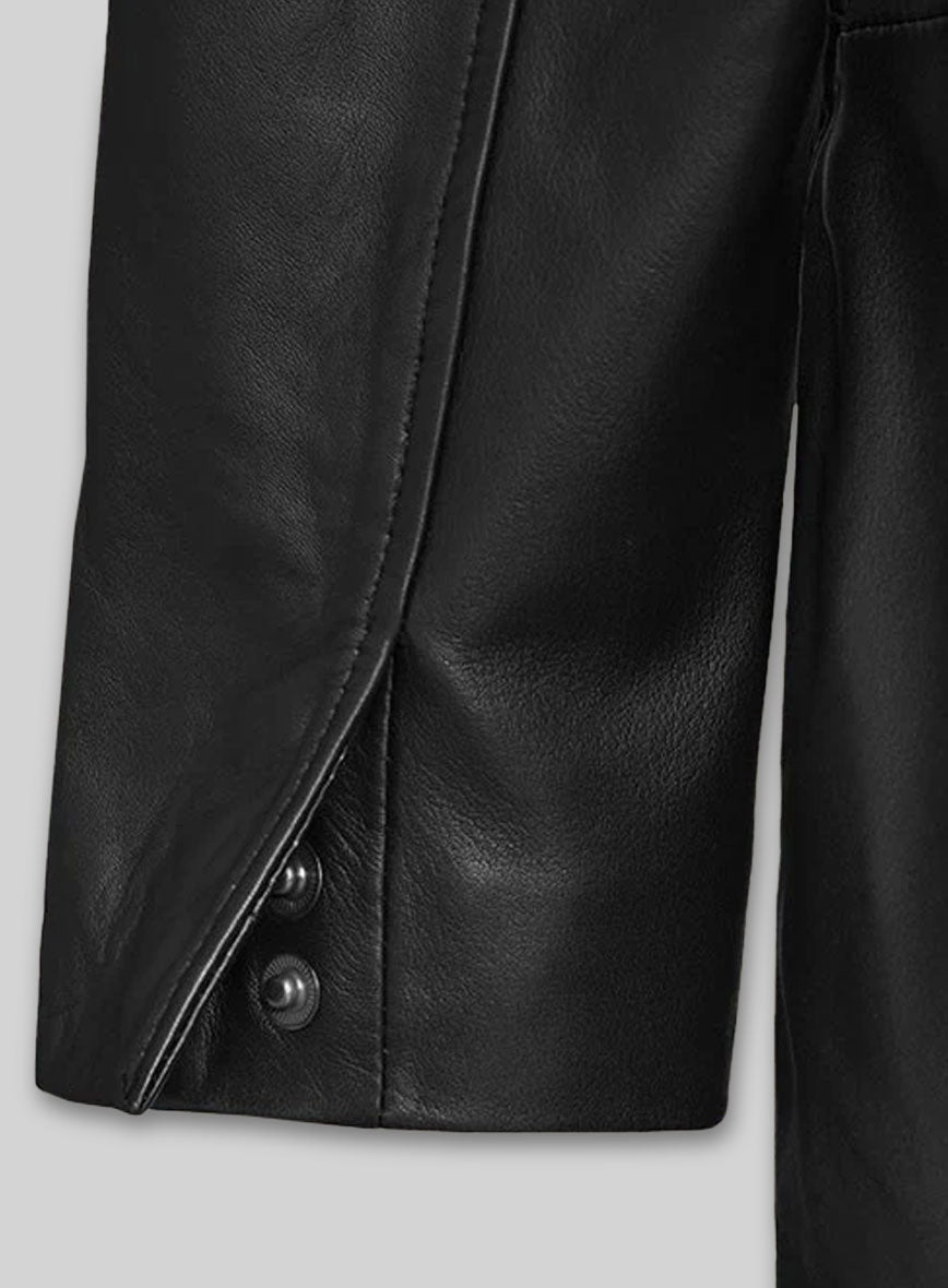Margot Robbie Wolf Of Wall Street Black Leather Long Coat – close-up and worn views