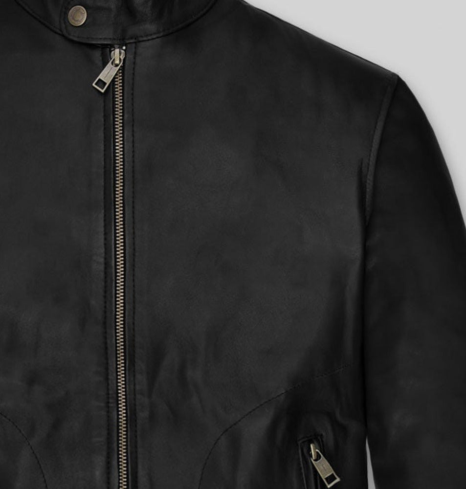 Mark Wahlberg Uncharted Black Leather Jacket – close-up detail of front closure, pocket and leather stitching