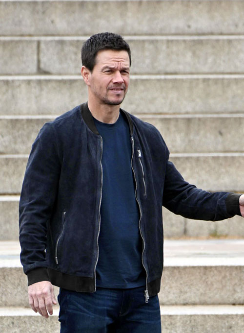 Mark Walhberg The Union Navy Leather Jacket – Mark Walhberg wearing the look, photo 2