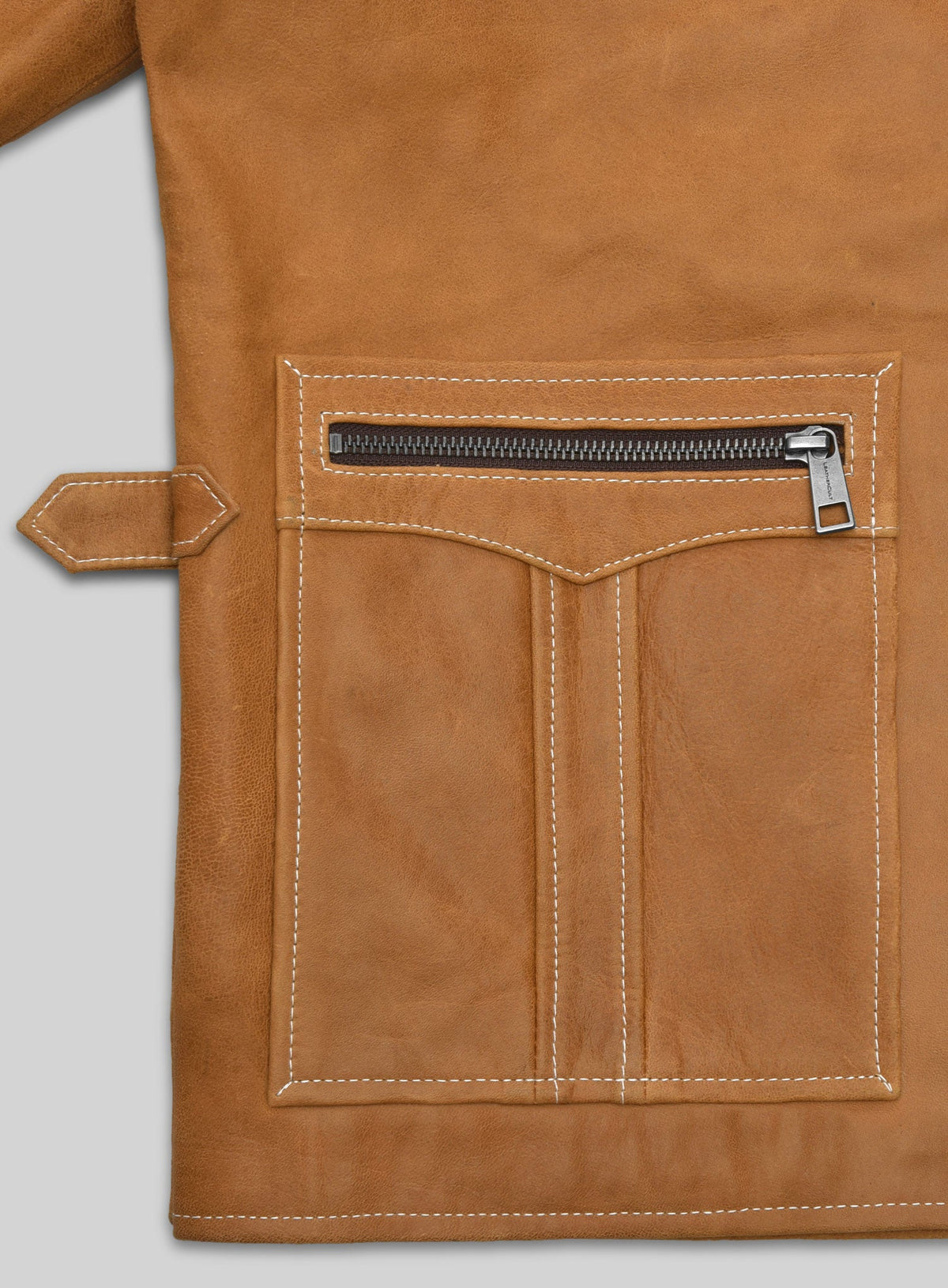 Martin Lawrence Tan Leather Jacket – close-up detail of hardware and pockets