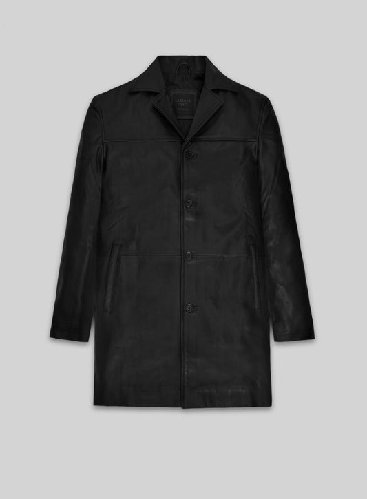 Martin Lawrence Black Leather Trench Coat – front view