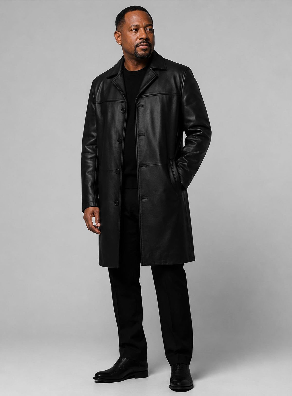 Martin Lawrence Black Leather Trench Coat – close-up and worn views
