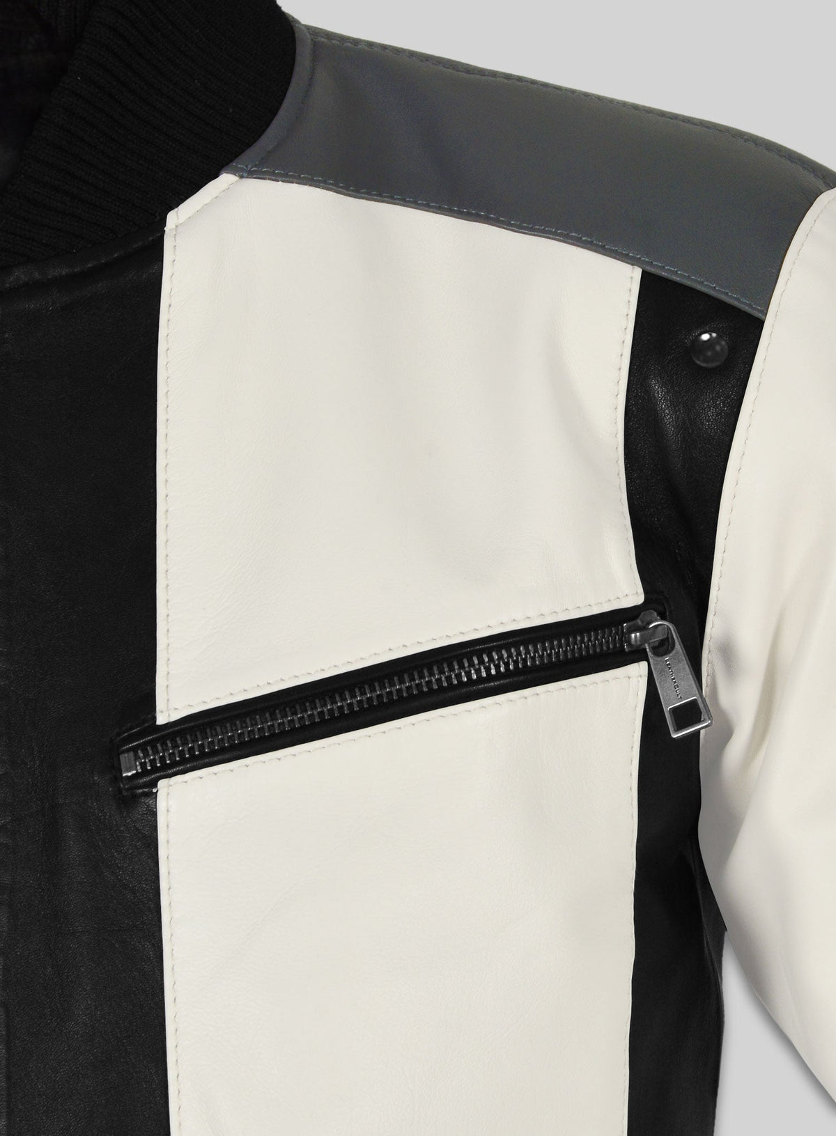 Matthew Broderick Ferris Bueller's Day Off Black and White Leather Jacket – close-up and worn views