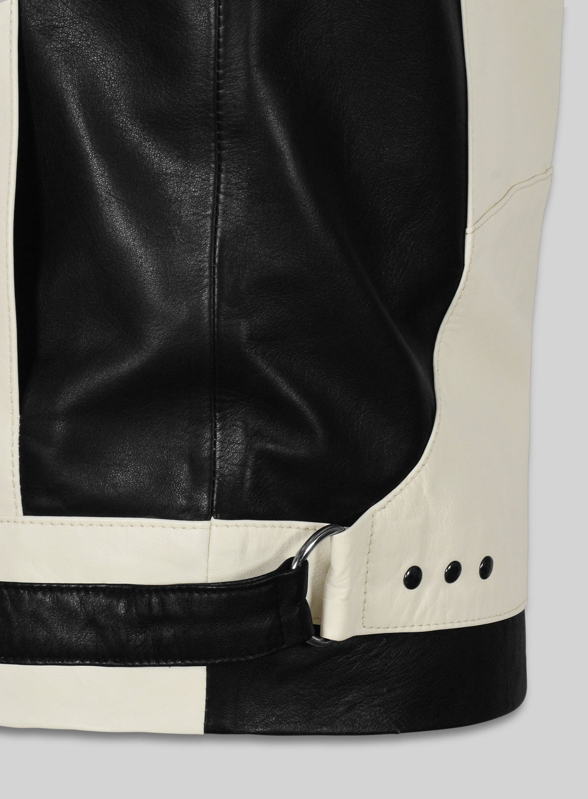 Matthew Broderick Ferris Bueller's Day Off Black and White Leather Jacket – close-up and worn views