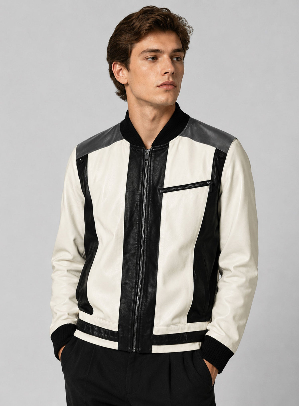 Matthew Broderick Ferris Bueller's Day Off Black and White Leather Jacket – close-up and worn views
