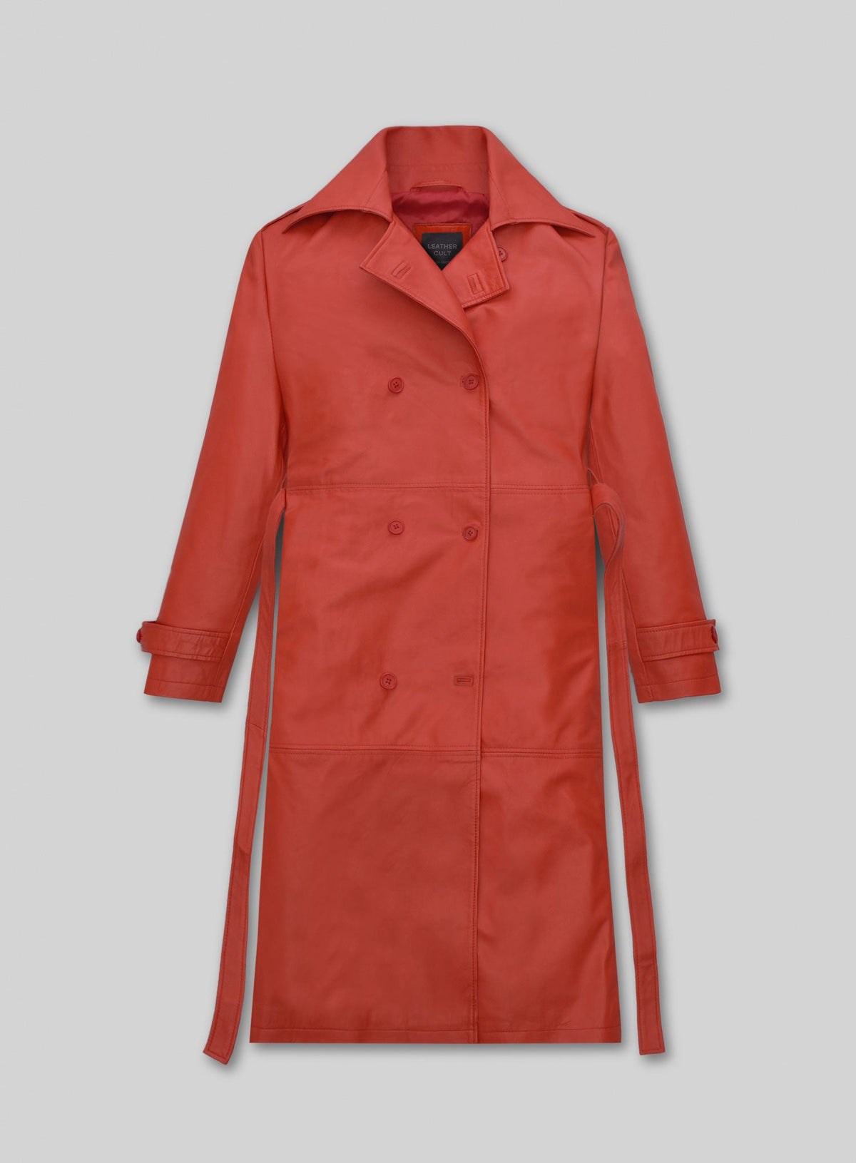 Megan Fox Red Leather Long Coat – front view