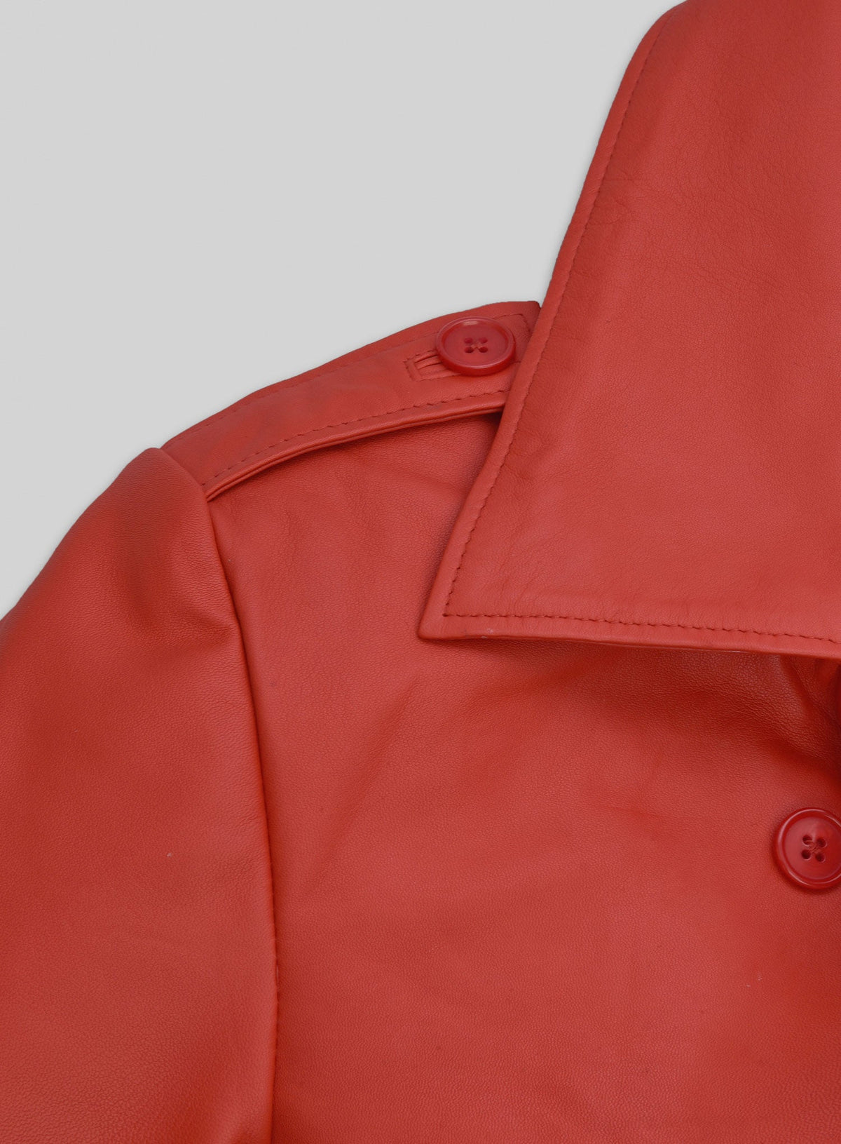 Megan Fox Red Leather Long Coat – close-up and worn views