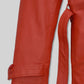 Megan Fox Red Leather Long Coat – close-up and worn views