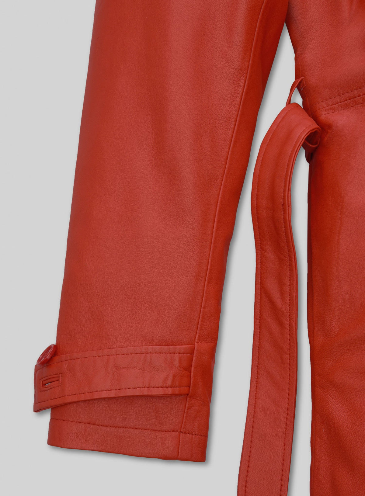 Megan Fox Red Leather Long Coat – close-up and worn views