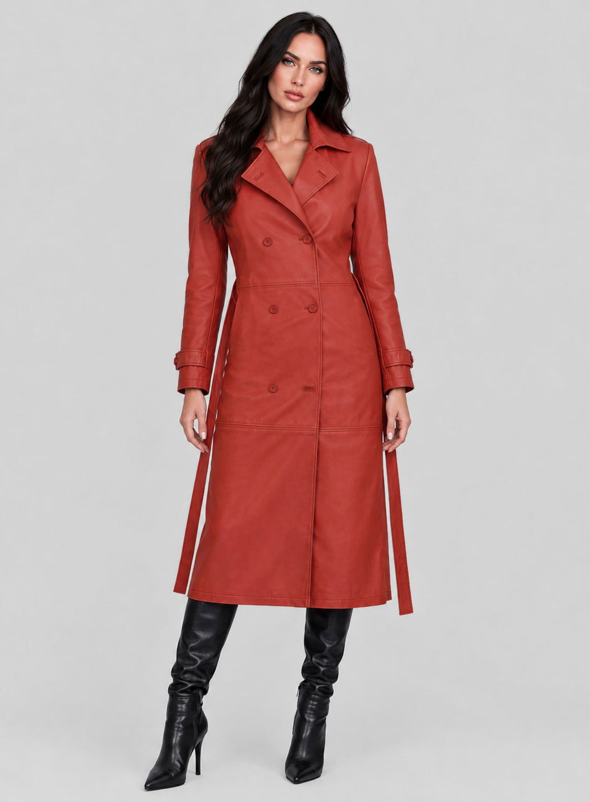 Megan Fox Red Leather Long Coat – full product view