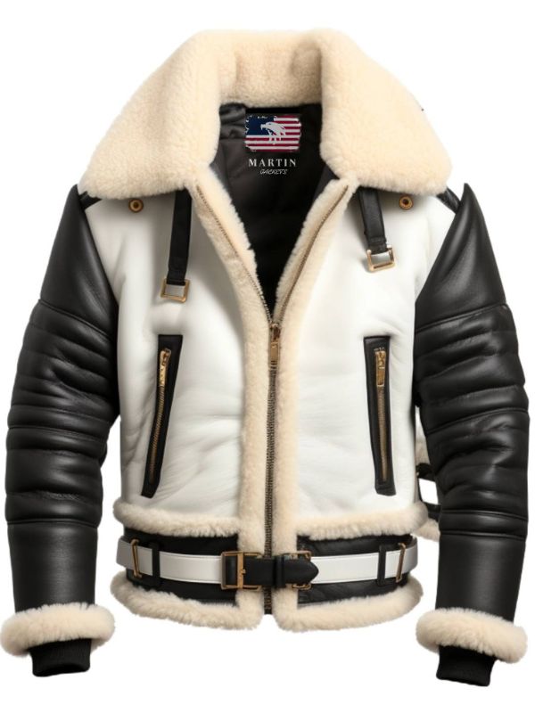 Men Aviator B3 Bomber Leather Jacket – Black &amp; White