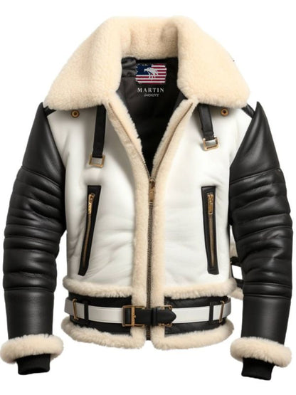 Men Aviator B3 Bomber Leather Jacket – Black &amp; White