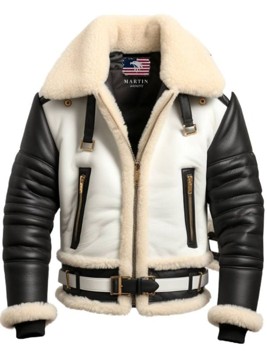 Men Aviator B3 Bomber Leather Jacket – Black &amp; White