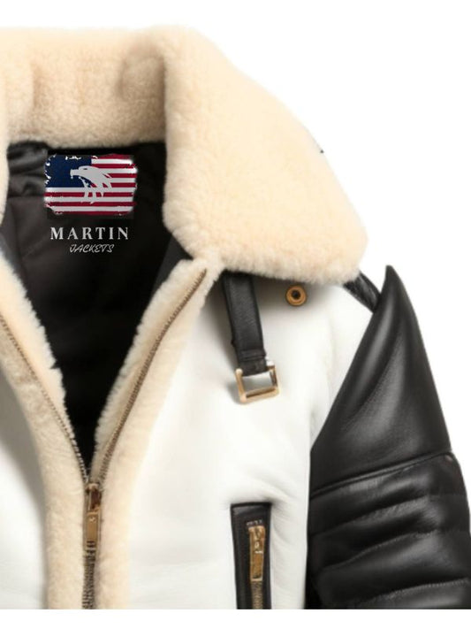 Men Aviator B3 Bomber Leather Jacket – Black &amp; White