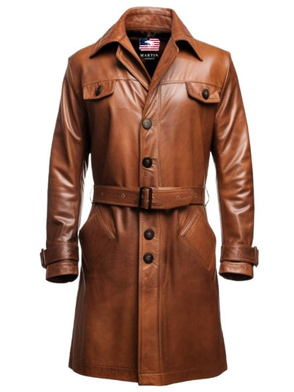 Men Vintage Brown Leather Coat – Long Leather Coat