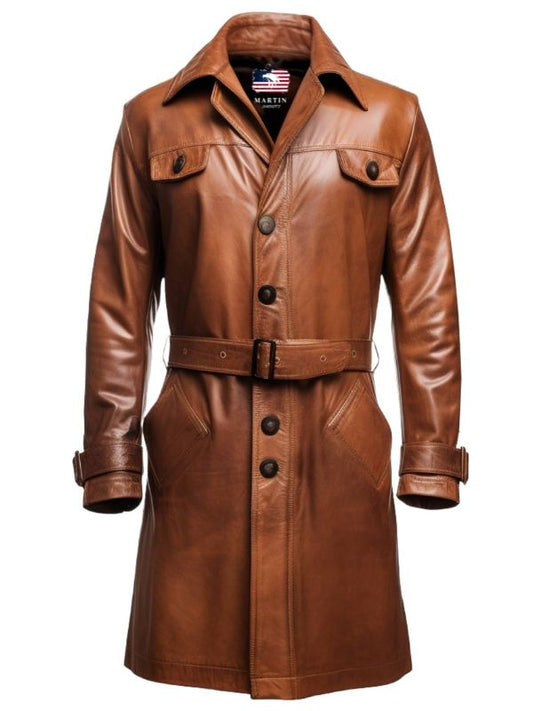 Men Vintage Brown Leather Coat – Long Leather Coat