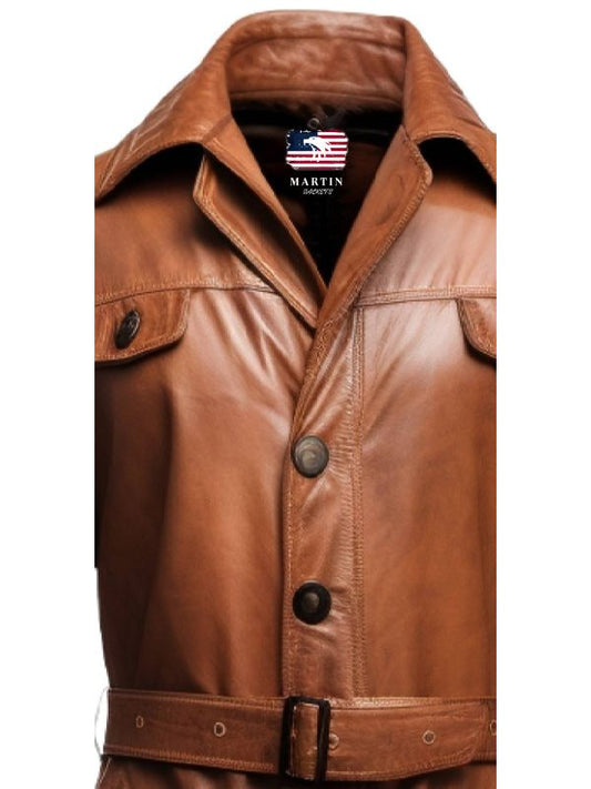 Men Vintage Brown Leather Coat – Long Leather Coat