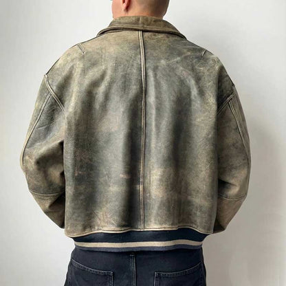 Men's Vintage Distressed Olive Green Leather Bomber Jacket