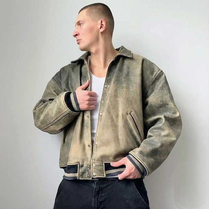 Men's Vintage Distressed Olive Green Leather Bomber Jacket