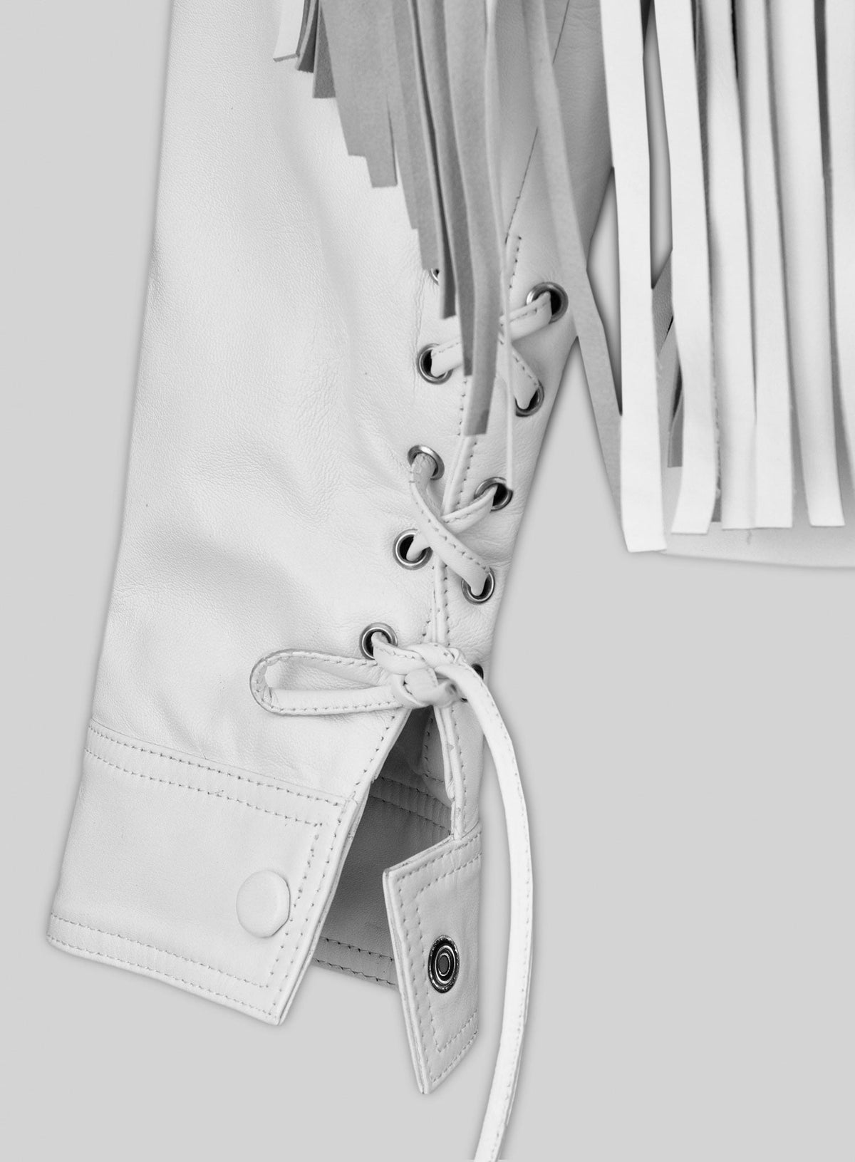 Mia Sarapochiello Ferris Bueller's Day Off White Leather Jacket – close-up and worn views
