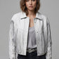 Mia Sarapochiello Ferris Bueller's Day Off White Leather Jacket – close-up and worn views