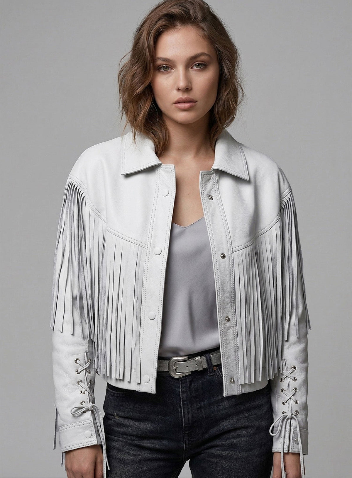 Mia Sarapochiello Ferris Bueller's Day Off White Leather Jacket – close-up and worn views
