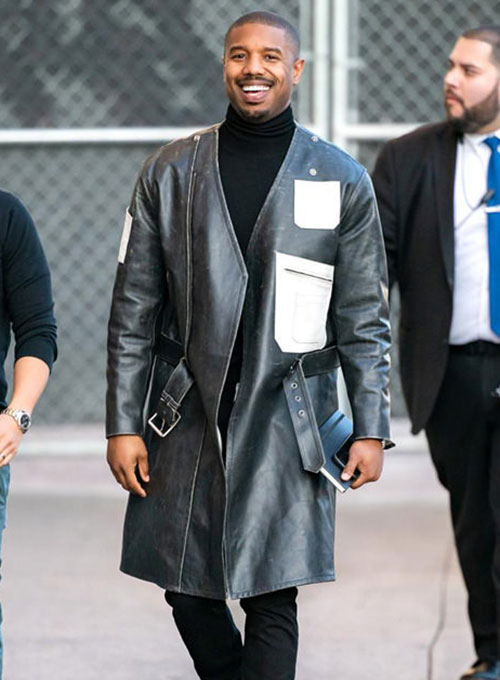 Michael B Jordan Black Leather Long Coat – Michael B Jordan wearing the look, photo 2