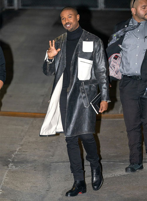 Michael B Jordan Black Leather Long Coat – Michael B Jordan wearing the look, photo 3