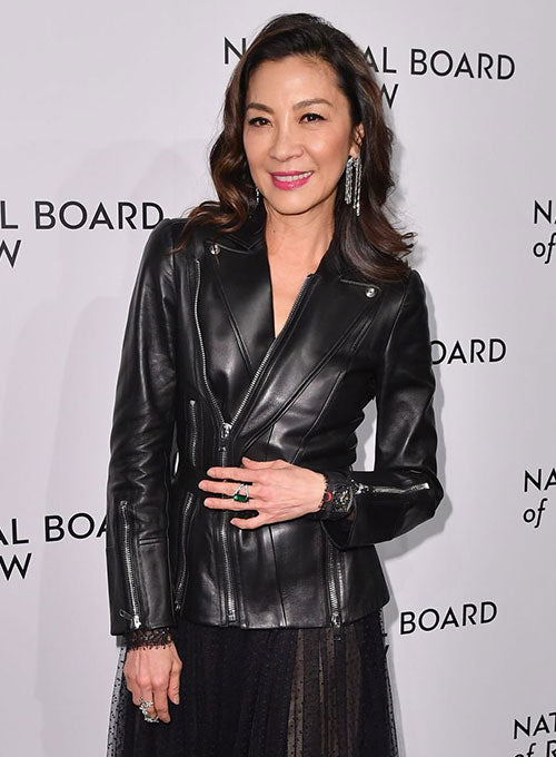 Michelle Yeoh Black Leather Jacket – close-up and worn views