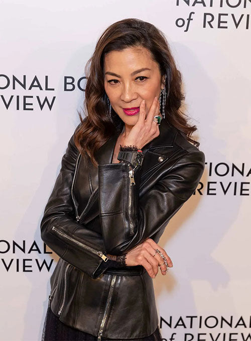 Michelle Yeoh Black Leather Jacket – close-up and worn views