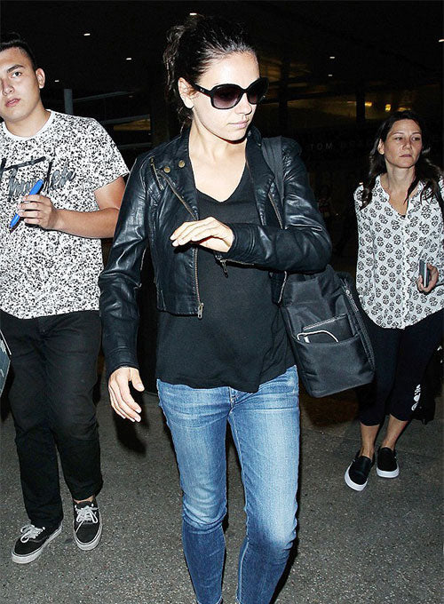 Mila Kunis Black Biker Leather Jacket – close-up and worn views