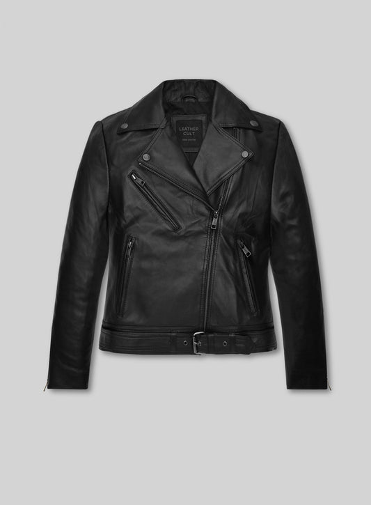 Miley Cyrus Black Leather Jacket – front view