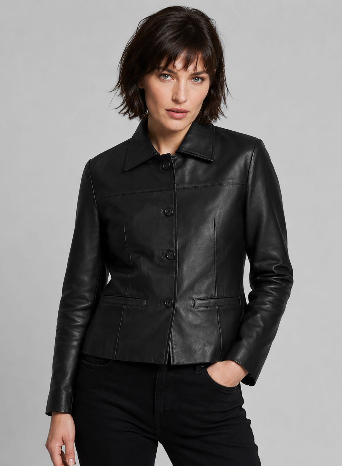 Milla Jovovich Black Leather Jacket – close-up and worn views