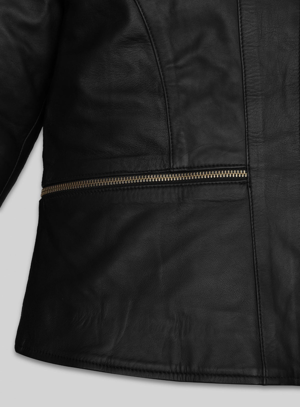 Morena Baccarin Last Looks Black Leather Jacket – close-up and worn views