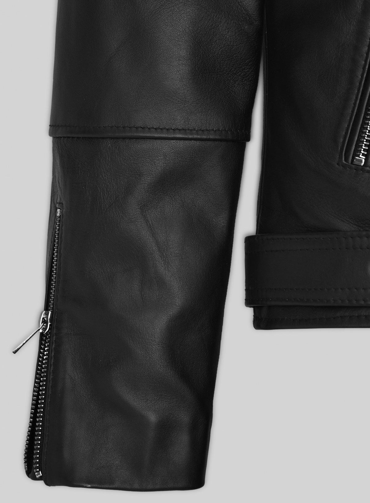 Natalie Portman Vox Lux Black Biker Leather Jacket Style 1 – close-up and worn views