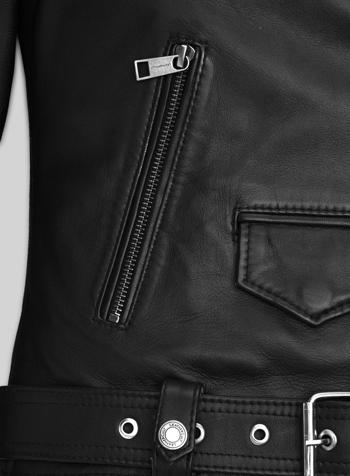 Natalie Portman Vox Lux Black Biker Leather Jacket Style 1 – close-up and worn views