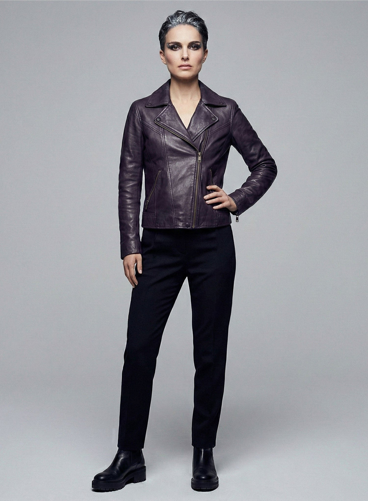Natalie Portman Vox Lux Black Biker Leather Jacket – close-up and worn views