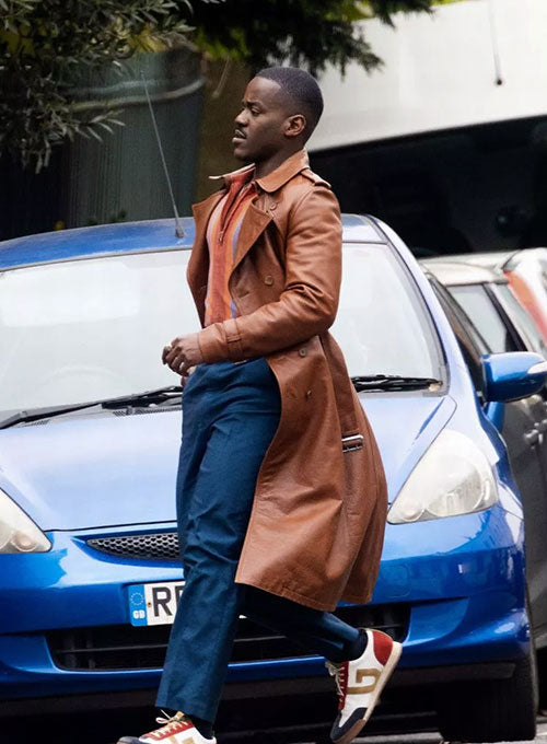 Ncuti Gatwa Doctor Who Brown Leather Long Coat – Ncuti Gatwa wearing the look, photo 2