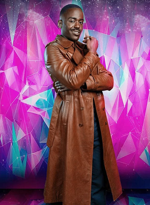 Ncuti Gatwa Doctor Who Brown Leather Long Coat – Ncuti Gatwa wearing the look, photo 3