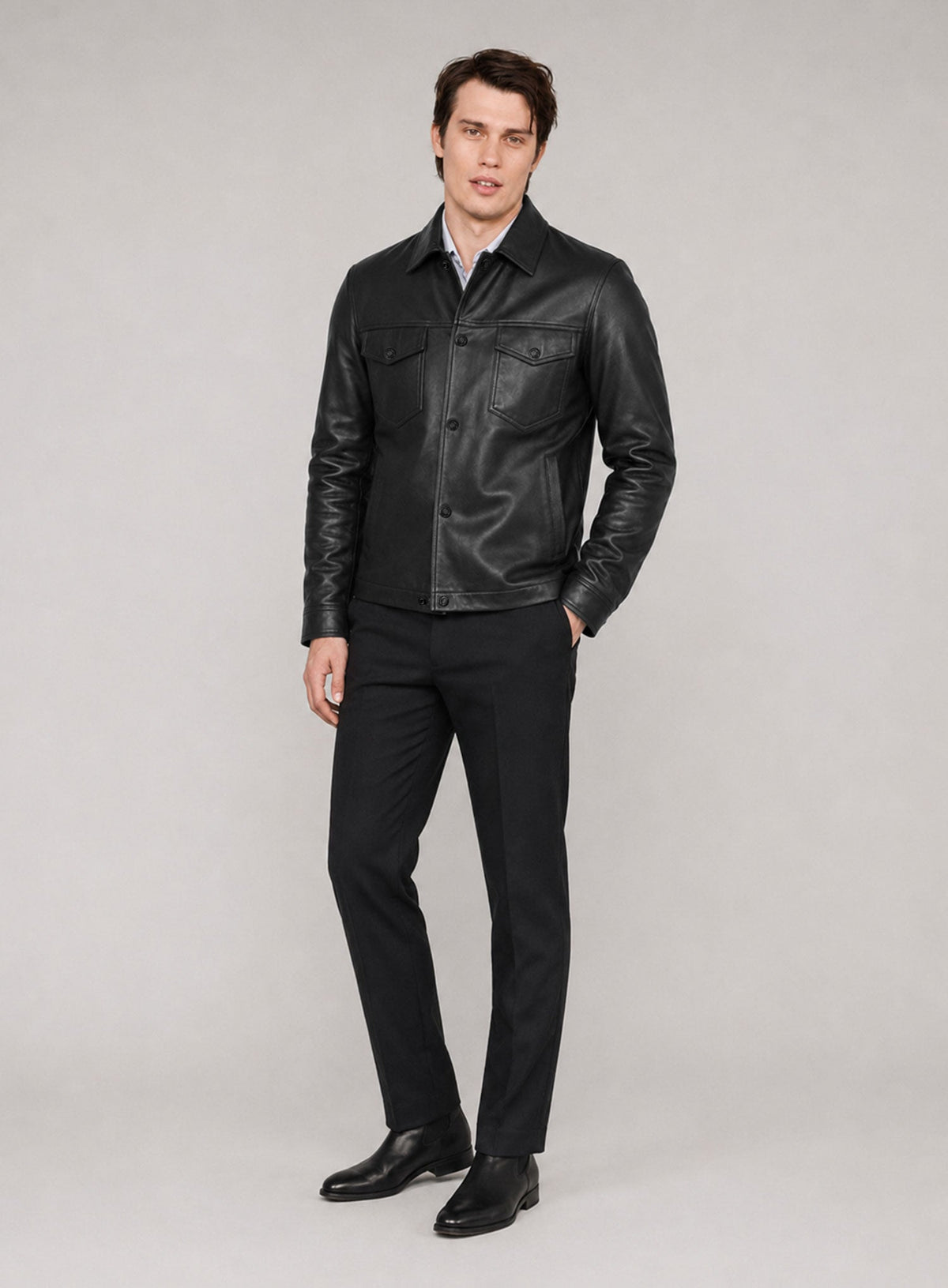 Nicholas Galitzine Black Leather Jacket – close-up and worn views
