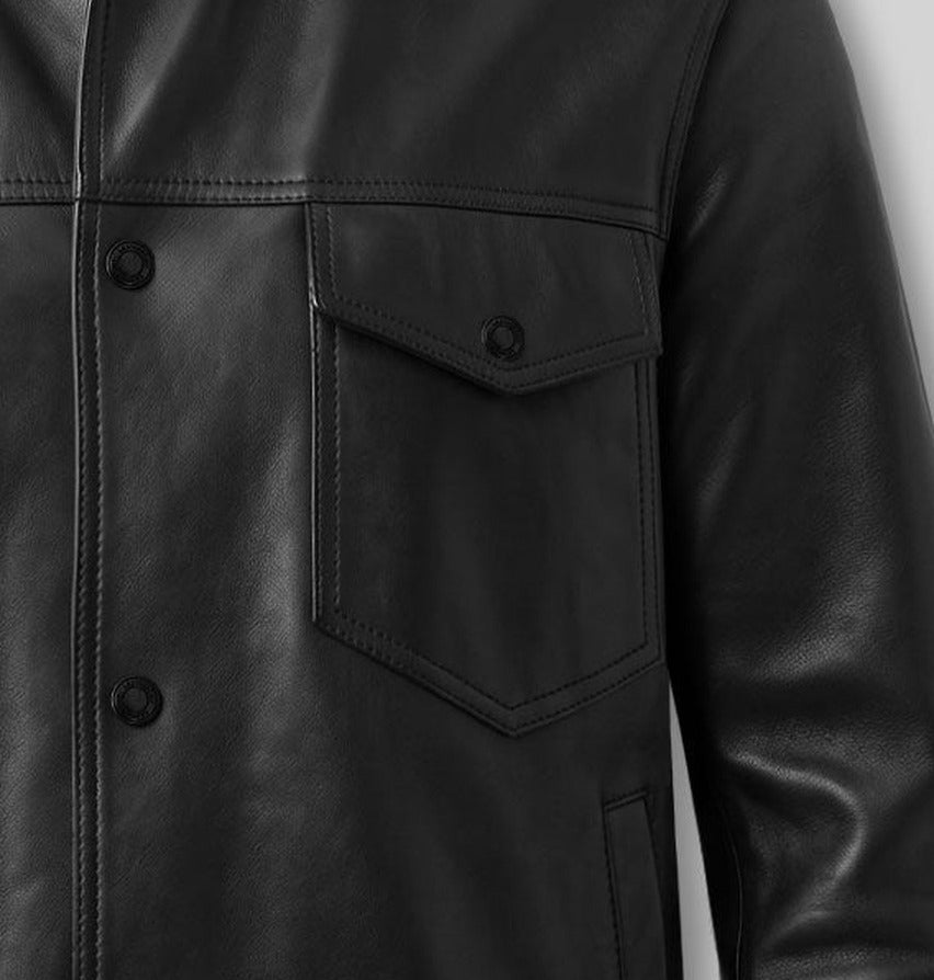 Nicholas Galitzine Black Leather Jacket – close-up detail of front closure, pocket and leather stitching
