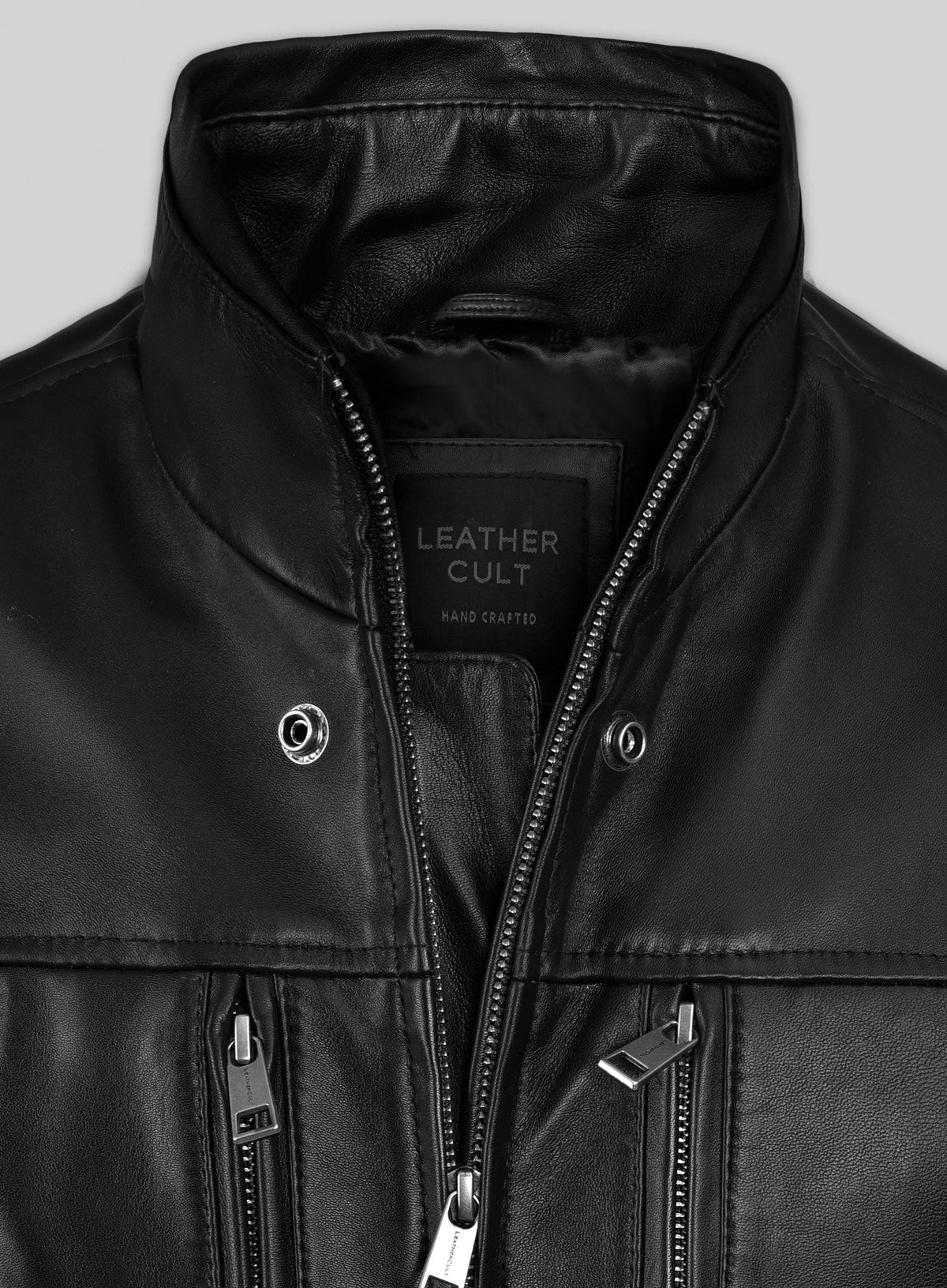 Nicholas Hoult Black Shirt-Collar Leather Jacket – close-up detail of leather and stitching