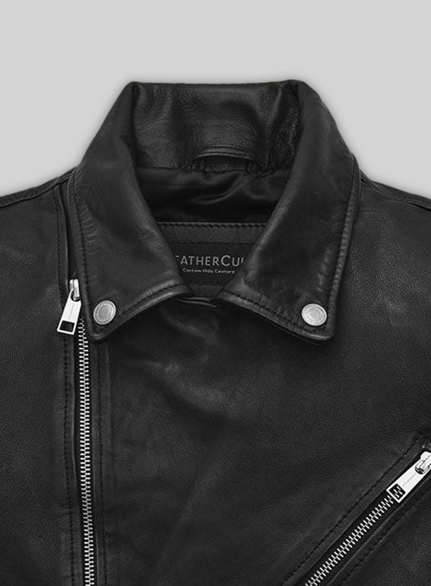 Nicholas Hoult Tolkien Screening Black Biker Leather Jacket – close-up detail of hardware and pockets