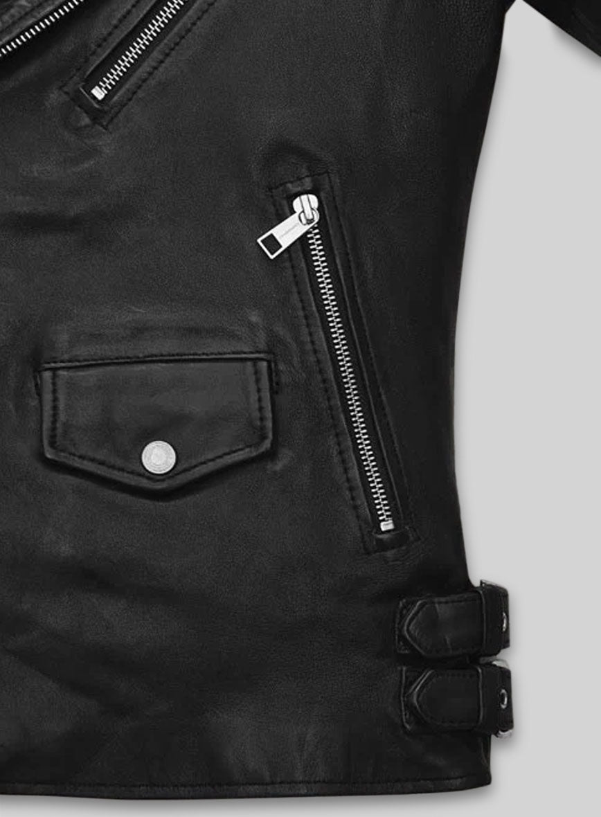 Nicholas Hoult Tolkien Screening Black Biker Leather Jacket – close-up detail of leather and stitching