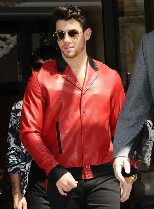 Nick Jonas Red Bomber Leather Jacket – celebrity inspiration look