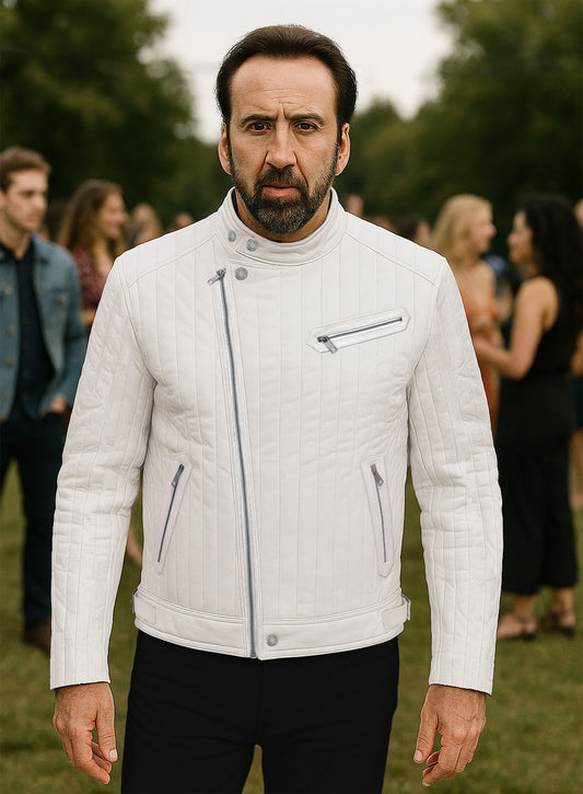 Nicolas Cage White Biker Leather Jacket – worn on model