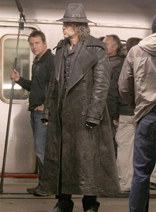 Nicolas Cage The Sorcerer's Apprentice Black Leather Long Coat – close-up and worn views