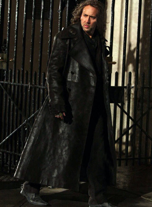Nicolas Cage The Sorcerer's Apprentice Black Leather Long Coat – close-up and worn views